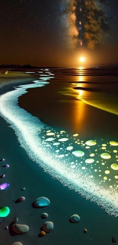 Vibrant night beachscape with glowing stones and starry sky.