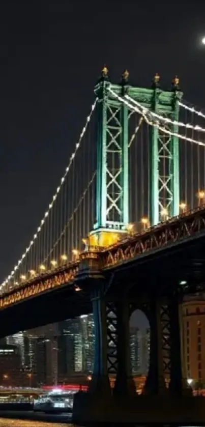 Illuminated bridge at night with city skyline.