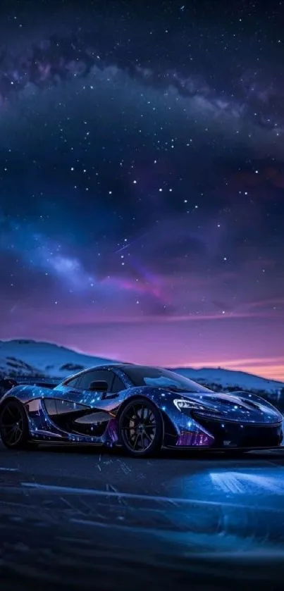 Sleek sports car under a starry night sky on a mountain road.