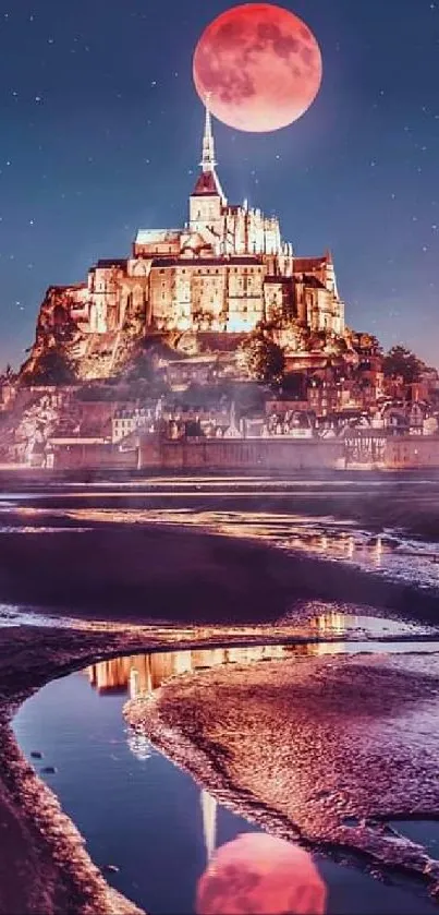 Mystical castle with red moon reflection in night sky.