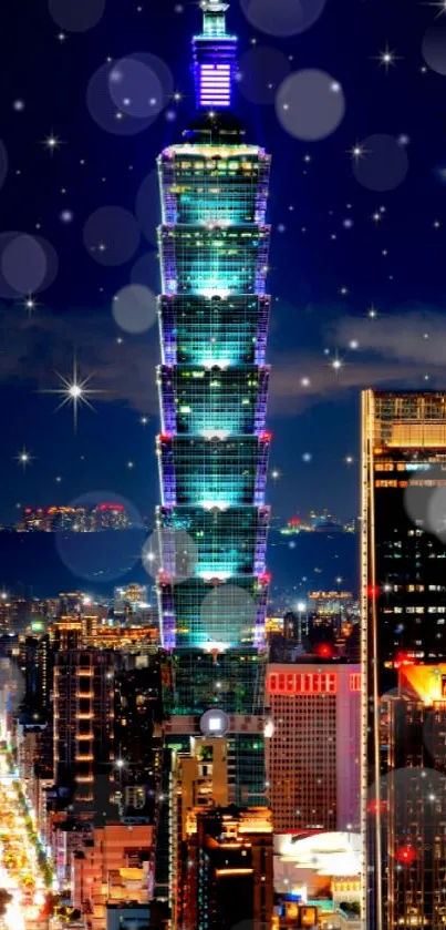 Bright Taipei 101 tower under a starry night sky with city lights aglow.