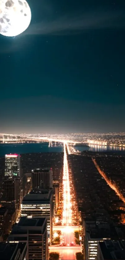 Aerial night cityscape with glowing moon and vibrant lights.