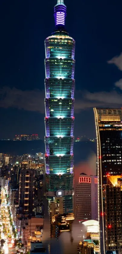 Night cityscape featuring a dazzling modern skyline with vibrant architectural lights.