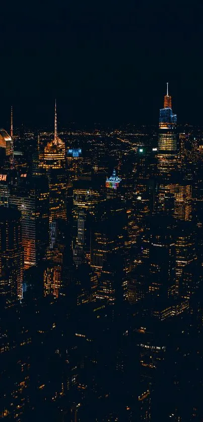 Night city skyline with illuminated skyscrapers and vibrant lights.