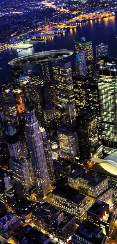 Aerial night view of a vibrant cityscape with illuminated skyscrapers and lively streets.