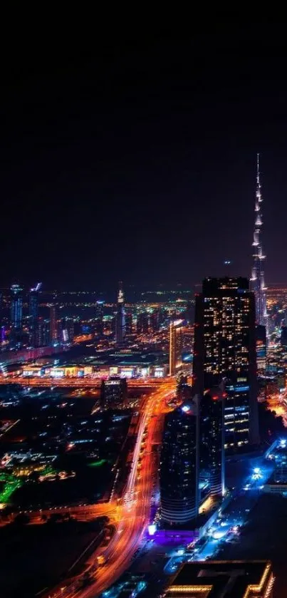 Stunning night view of Dubai's illuminated cityscape with Burj Khalifa.