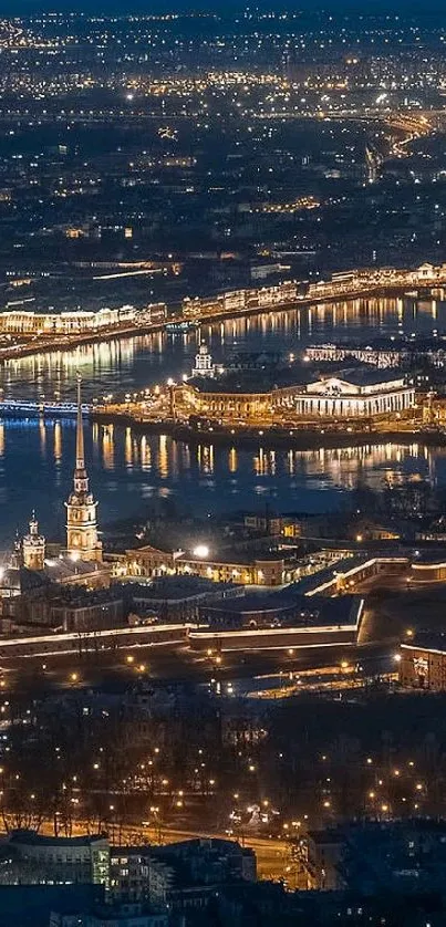 Aerial view of illuminated cityscape at night with stunning light reflections.