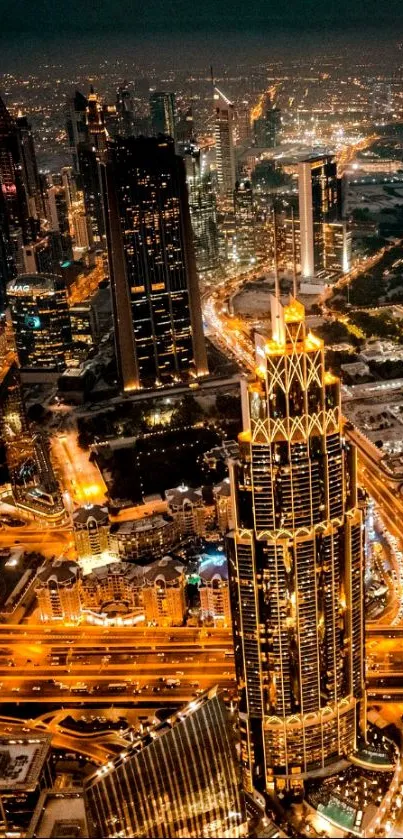 Aerial cityscape at night with illuminated skyscrapers and dynamic streets.