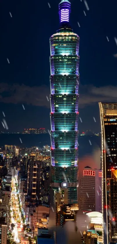 Nighttime cityscape featuring iconic illuminated skyscraper.