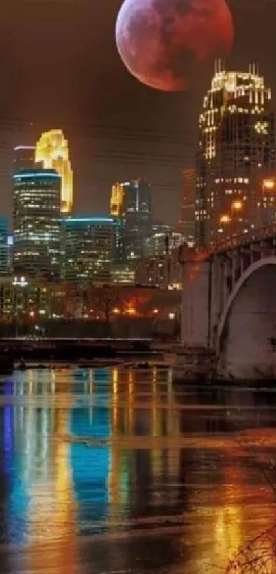 Moody cityscape with moonlit sky and bridge reflection at night.