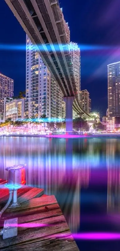 A vibrant cityscape reflecting on a calm river under a night sky.