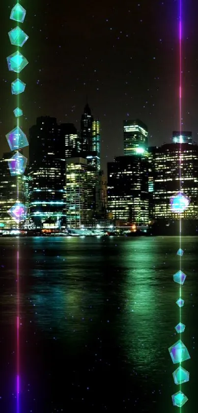 Night city skyline with bright reflections on the water.