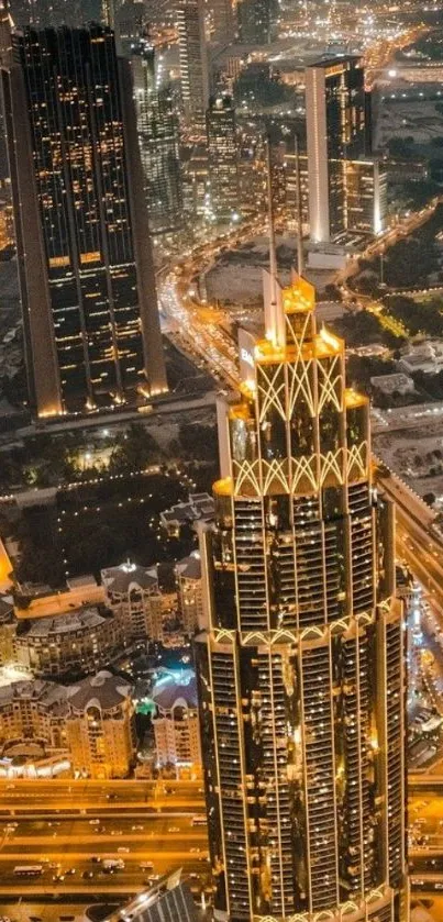 A breathtaking night view of a cityscape with illuminated skyscrapers.