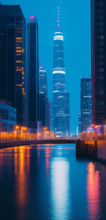 Night cityscape with skyscrapers and water reflection in deep blue hues.