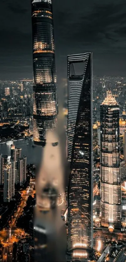 Night cityscape with illuminated skyscrapers and skyline view.