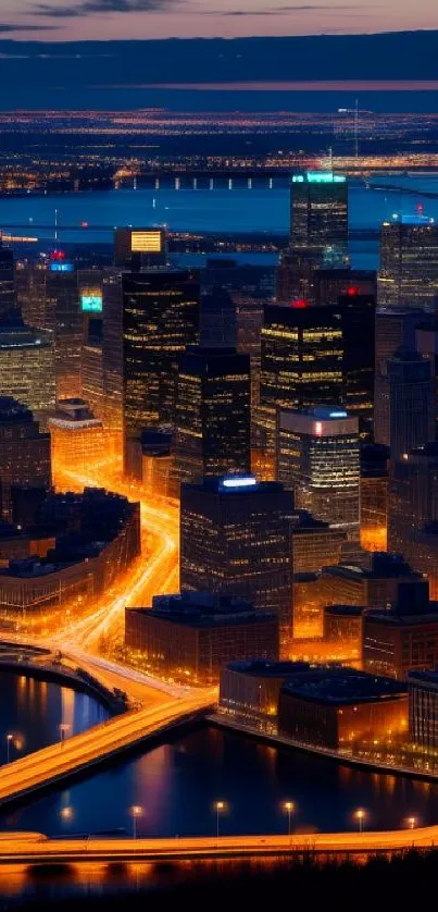 Night cityscape with glowing skyscrapers and vibrant urban lights.