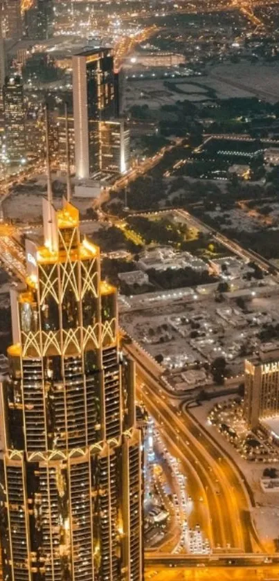 Stunning cityscape at night with glowing amber lights.