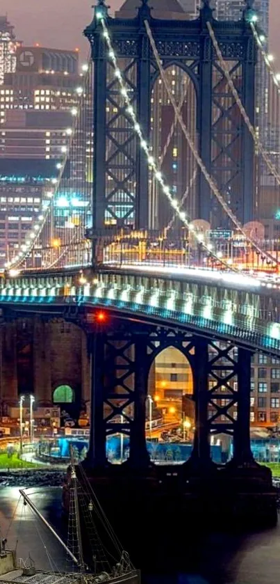 Night view of cityscape with illuminated bridge and skyscrapers.