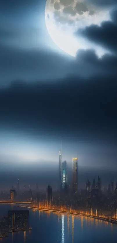 Night cityscape with moon and glowing city lights reflecting on a river.