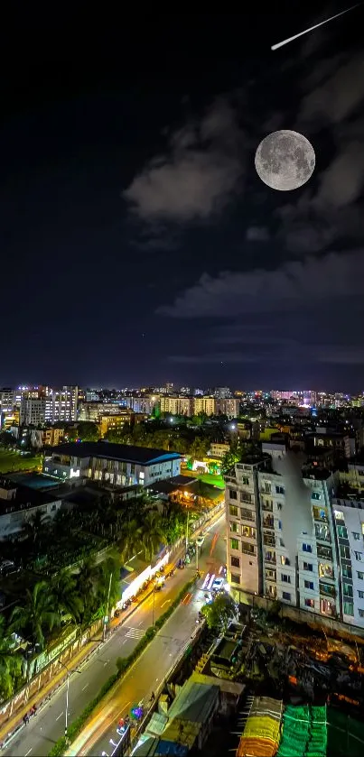 Vibrant night cityscape wallpaper with full moon and street lights.