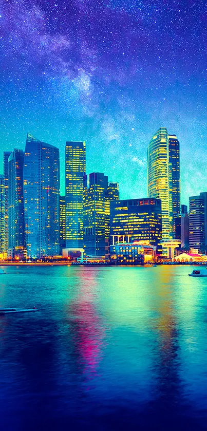 Nighttime cityscape with vibrant buildings and a starry sky reflected on water.