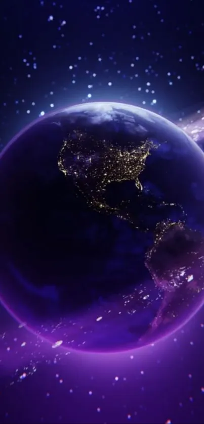 Night view of Earth glowing in space with a starry background.