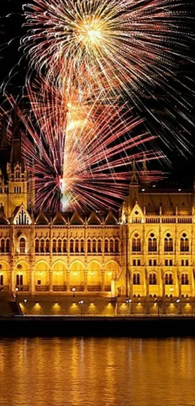 Fireworks over a historic building at night with reflections in the water.