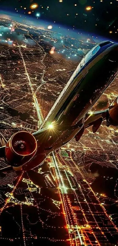 Airplane flying over city lights at night.