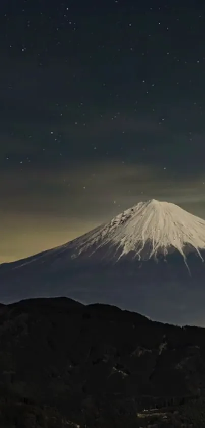 Snow-capped mountain under starry night sky.