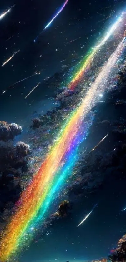 Vibrant night sky with rainbow and shooting stars, perfect for mobile wallpaper.