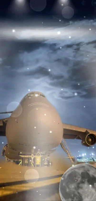Airplane on runway under a mystical moonlit sky.