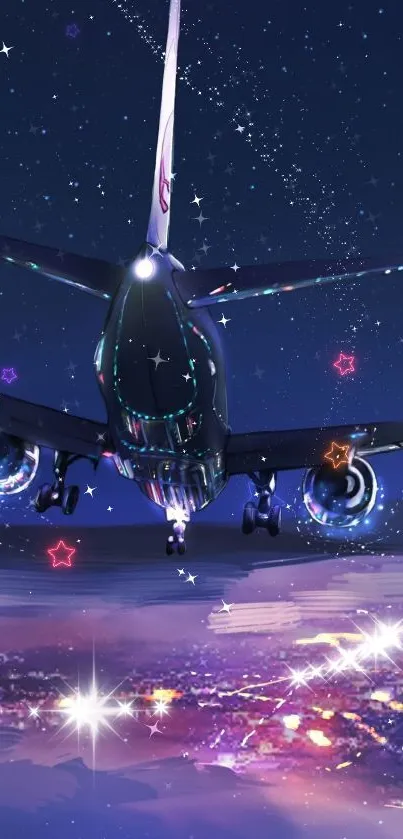 Airplane flying over a city under a starry night sky with vibrant lights.