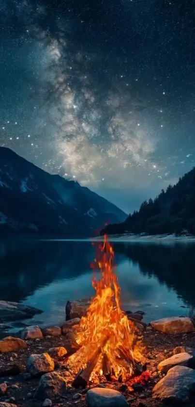 A radiant campfire under a starry night sky by a calm mountain lake.