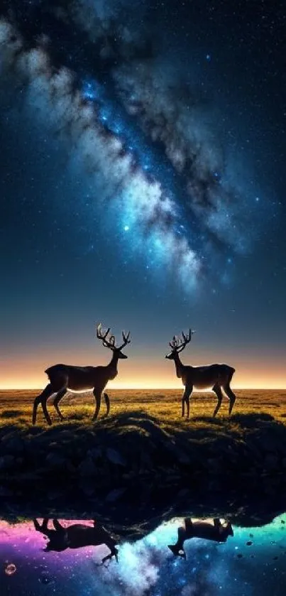 Silhouettes of deer under a starry night sky with galaxy view and reflection.
