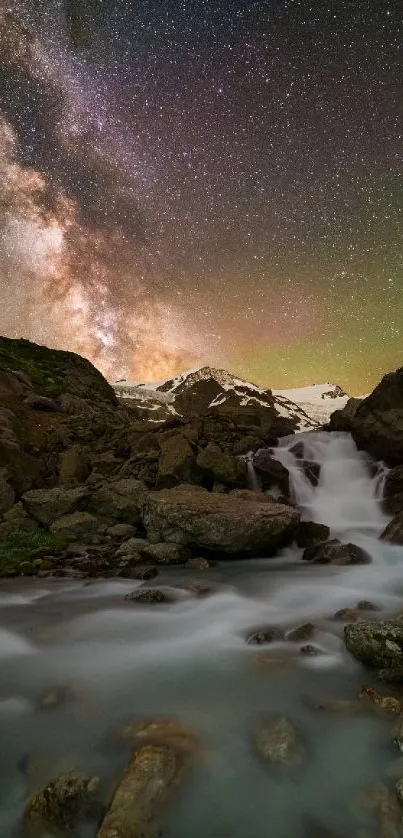 Milky Way over a mountain waterfall under a starry sky.