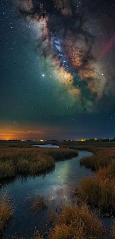 Starry night sky with celestial clouds over a tranquil landscape.