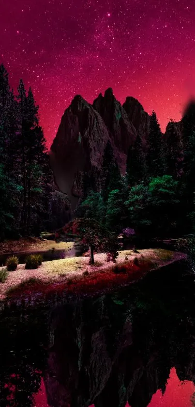 Vibrant magenta night sky over a tranquil forest landscape.