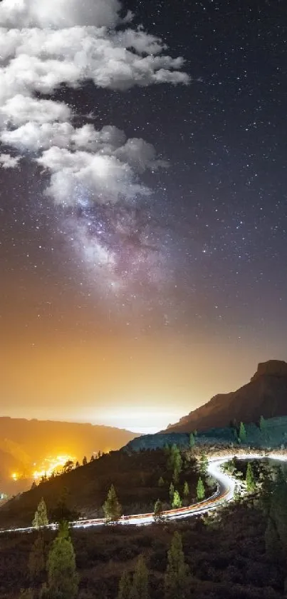 Starry night sky over a winding mountain road.