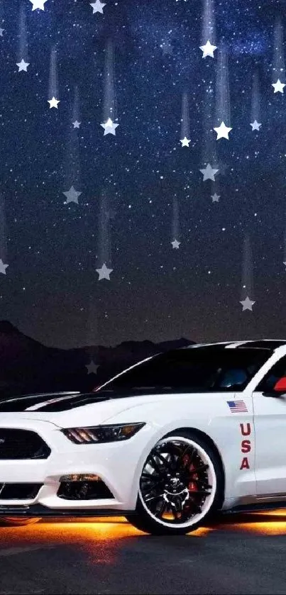 White Mustang under a starry night sky with glowing orange lights.