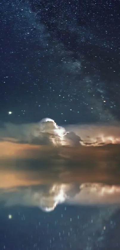 Beautiful night sky reflecting over a tranquil water surface under a starry sky.