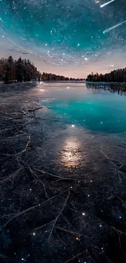 Beautiful dark blue night sky over a reflective frozen lake.