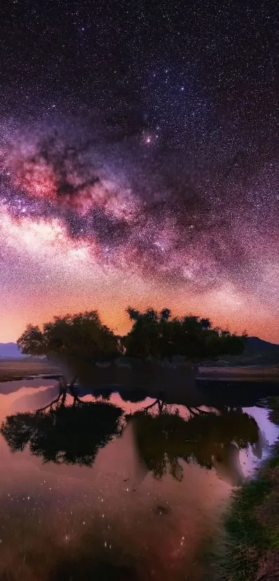 Night sky with galaxy and reflection on water in a stunning nature scenery.