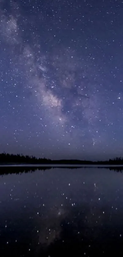 Starry night sky reflecting on a calm lake.