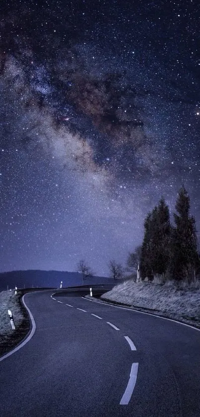 A dark winding road under a starry night sky with visible Milky Way.