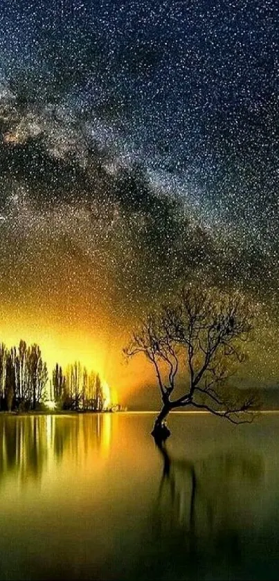 Stunning night sky with stars over a reflective lake and tree silhouette.