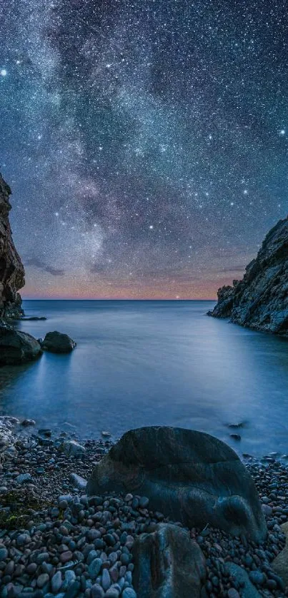 A stunning night sky over a calm sea with rocky cliffs and shimmering stars.