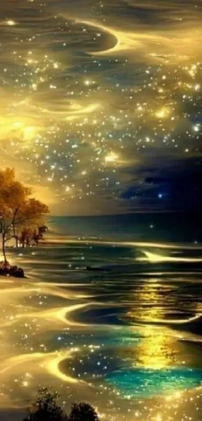 A breathtaking night sky over a tranquil beach with shimmering golden reflections.