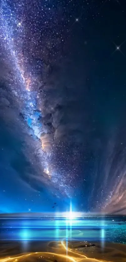 Breathtaking night sky with Milky Way and blue hues over mountains.