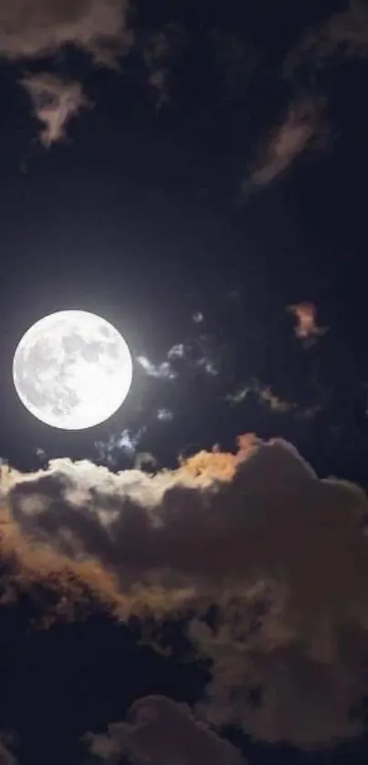 Glowing full moon with dramatic clouds at night.