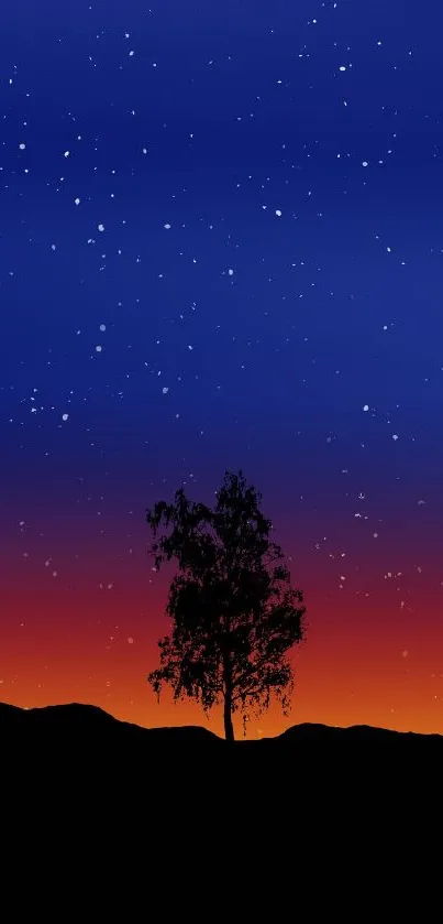 Silhouette of a tree against a vibrant starry night sky.